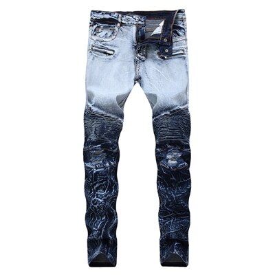 Lynlås stretch mænd slim fit knæ plisseret syning lige denim jeans bukser streetwear revet motorcykel hip hop biker jeans: 42