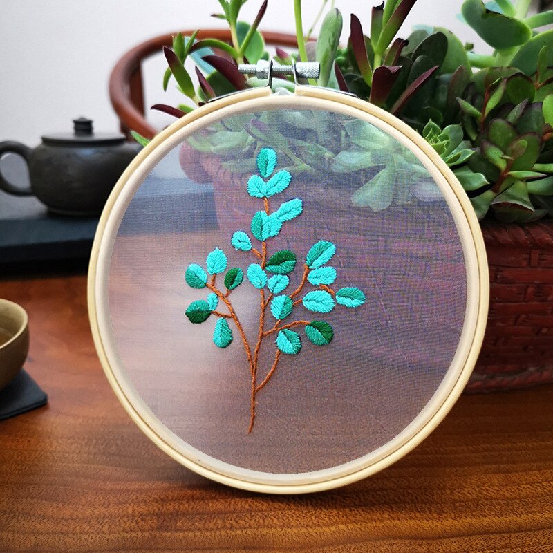 Diy broderi blomst / blad håndarbejde håndarbejde til begyndere korssting kit bånd maleri broderiramme hjem dekoration: Grøn