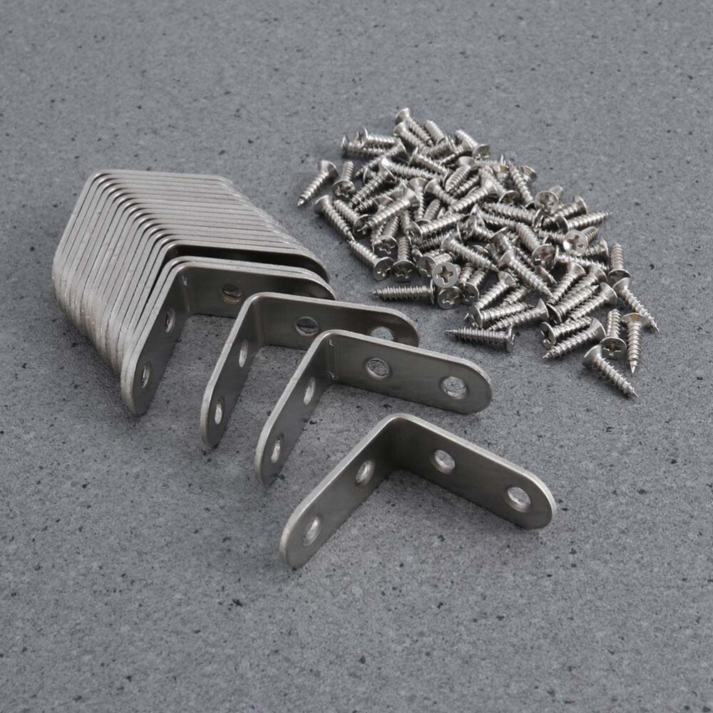 20 PCS 2mm-Thick Stainless Steel 90 Degree Angle 40x40x16mm Brackets with 80 PCS 4x16mm Screws (Silver)