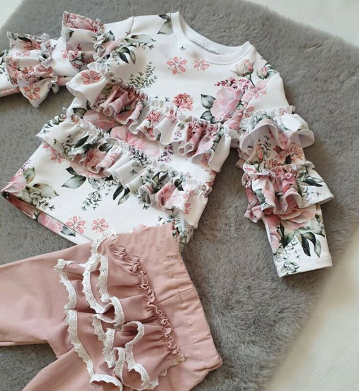 Del bambino Del Capretto Della Ragazza della Tuta Floreale Magliette e camicette T-Shirt Volant Pantaloni Abiti
