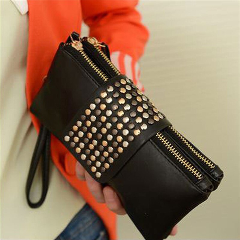 Women&#39;s Clutch Bag European And American Studded Black PU Soft Leather Mid-length Ladies Dinner With Double Zip Wallet