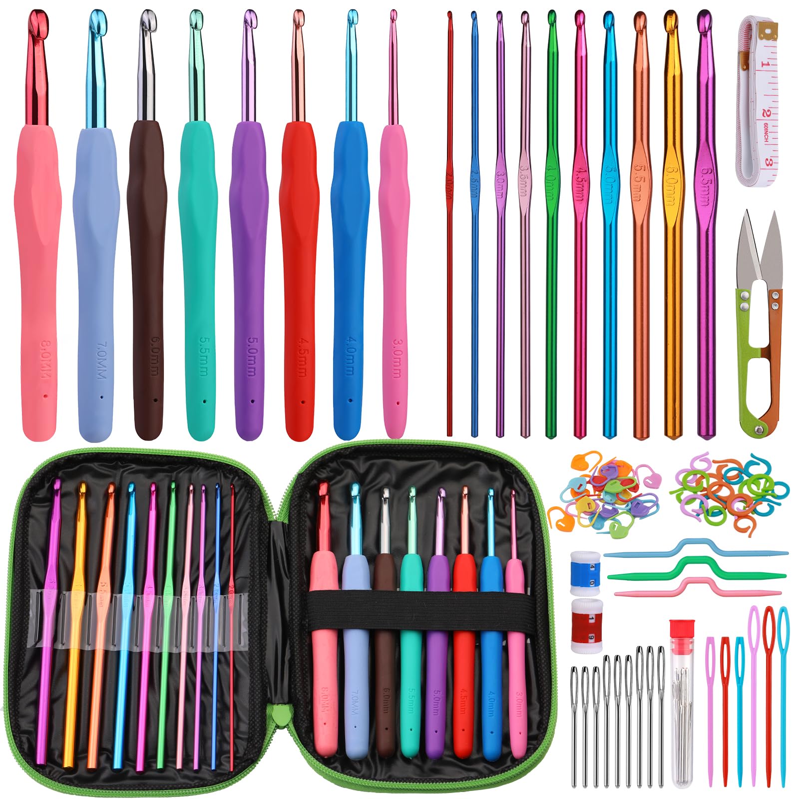 Fenrry conjunto de gancho de crochê, kit de agulhas de crochê para iniciantes, estojo verde e acessórios de crochê para artesanato de tricô: Verde escuro