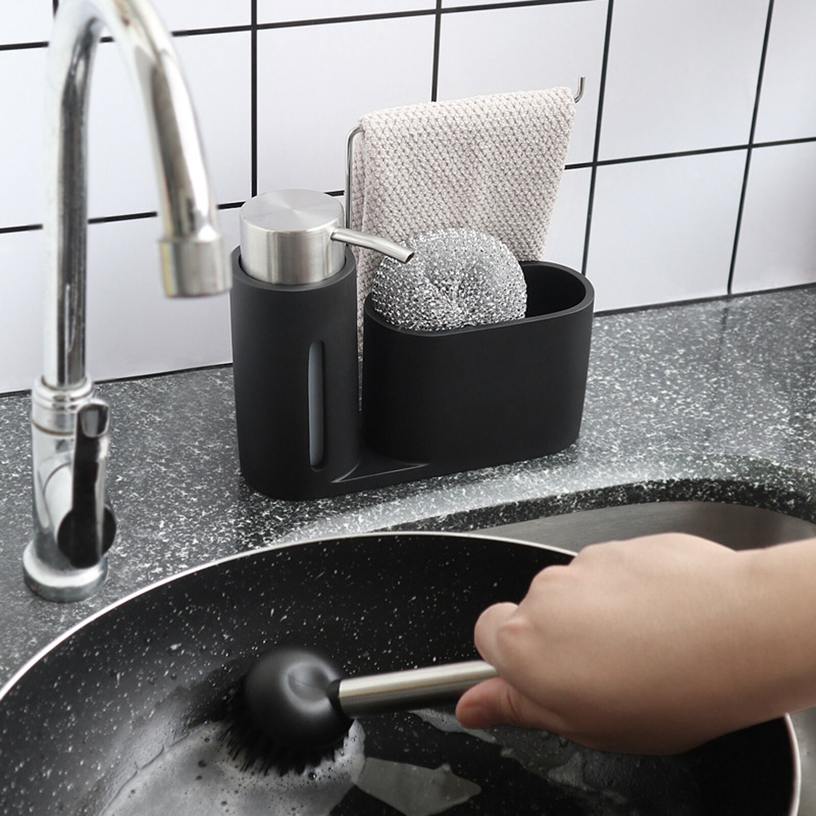 Multi-Function Kitchen Cleaning Kit Soap Dispenser Steel Ball Dishwashing Brush Rag Storage Holder Caddy for Sink Countertop