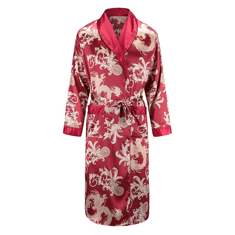 Mænd morgenkjole lange ærmer kimono badekåbe kjole silkeagtig satin drage print pyjamas nattøj nattøj kjole afslappet hjem
