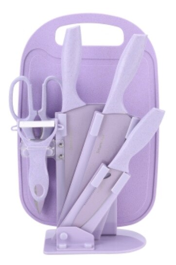 Tarwe Stro Mes Set Rvs Zeven Stuk Mes Set Keramische Mes Keuken Set Mes Schaar Fruit mes Houder: Purple Purple base