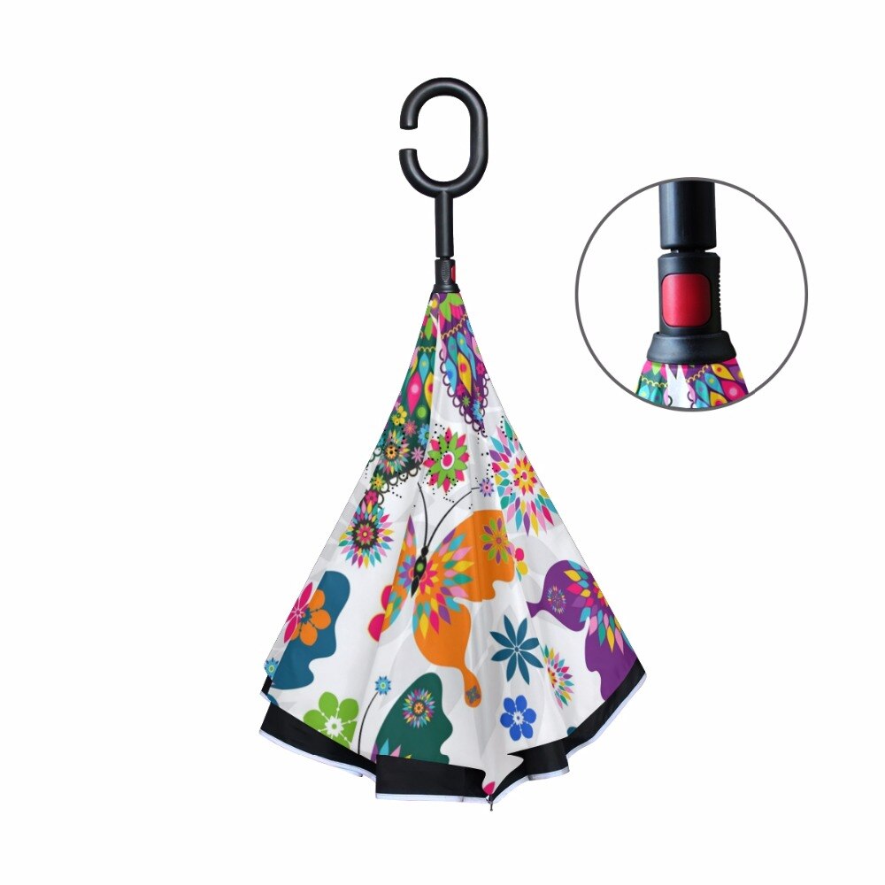 Butterfly Reverse Umbrella Women Double Layer Umbrellas C-Hook Handle Car Umbrella Windproof Waterproof Useful