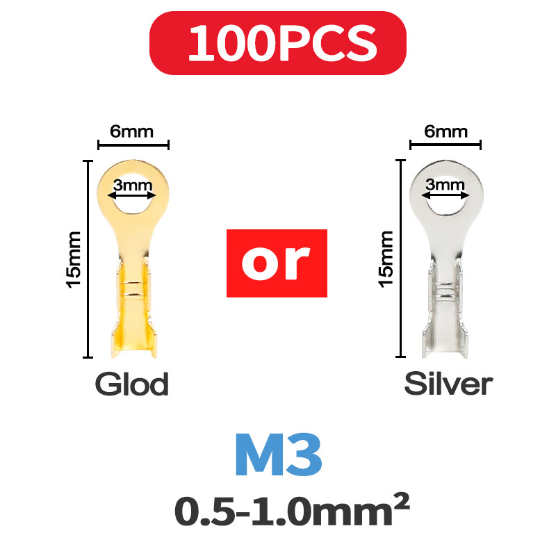 100PCS/lot M3 M4 M5 M6 M8 M10 Ring Lugs Terminals Gold Brass/Silver Non-insulated Crimp Termin Electrical Wire Connectors: M3 - 100PCS / Gold