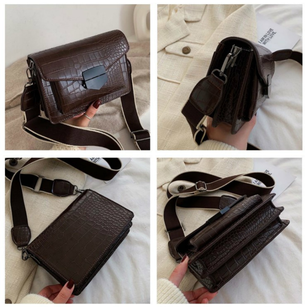 Kleine Krokodil Patroon Crossbody Tas Voor Vrouwen Lederen Brede Riem Vrouwelijke Schoudertas Casual Dames Messenger Flap Bag