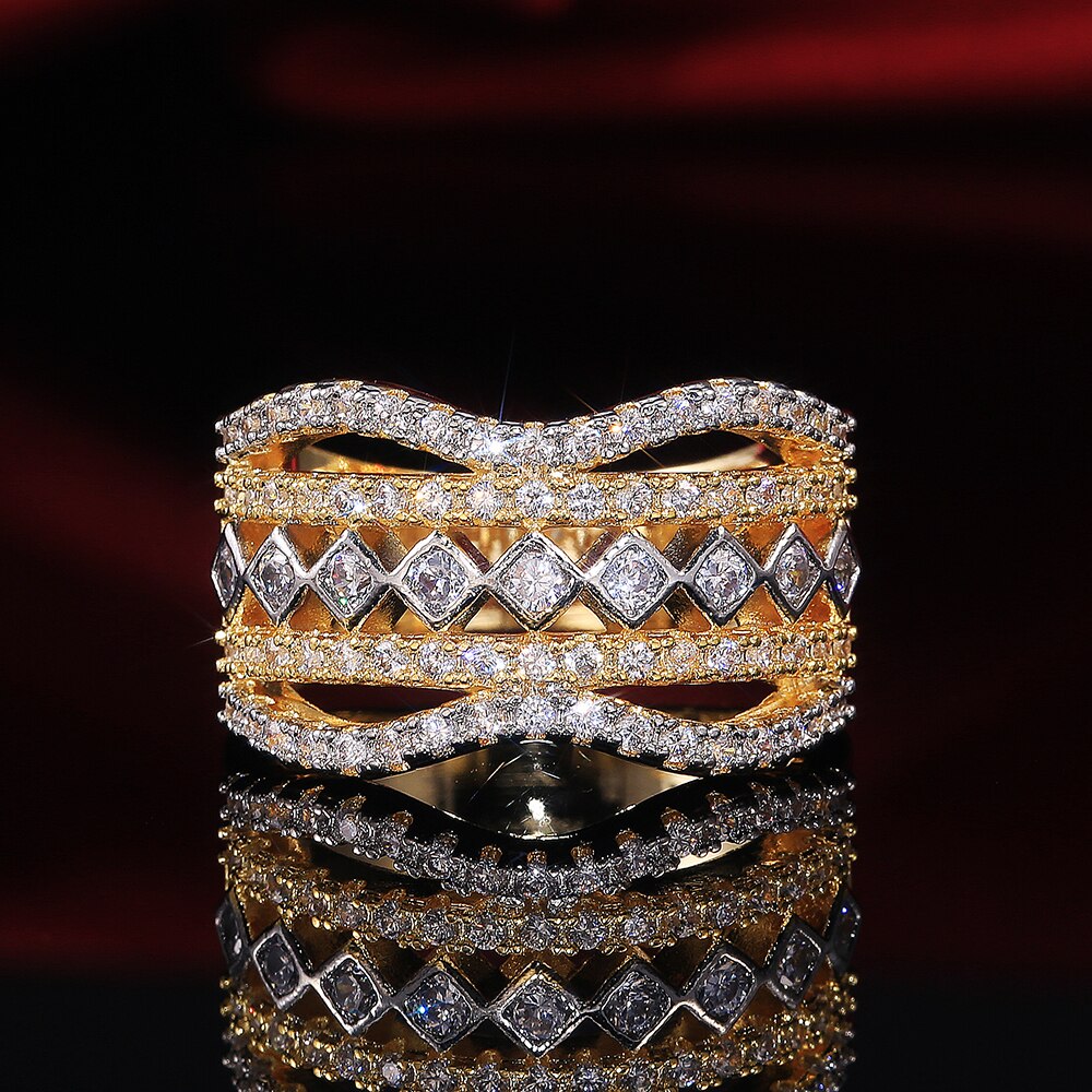 Huitan Gorgeous Geometric Hollow Shape Ethnic Wedding Women Ring 5 Row Full Bling Iced Out CZ Jewelry Noble Female