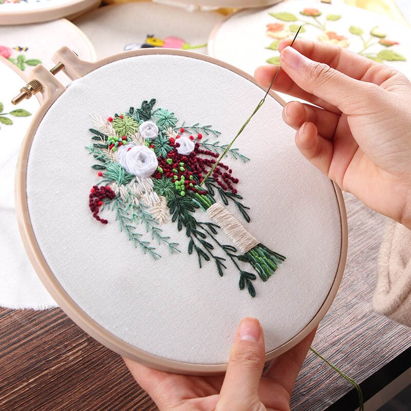 DIY Ribbon Embroidery Kit Flower Printed Floral Pattern Cross Stitch Needlework with Embroidery Hoop Frame Wall Painting Art: 4 / 20cm Bamboo hoop kit