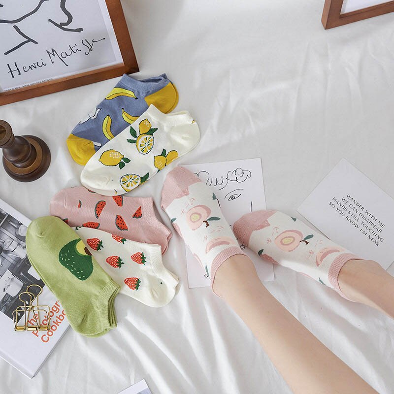 Japansk harajuku søte morsomme sokker kvinner kawaii banan vannmelon jordbær avokado mannskap sokker nyhet bomull ankel sox