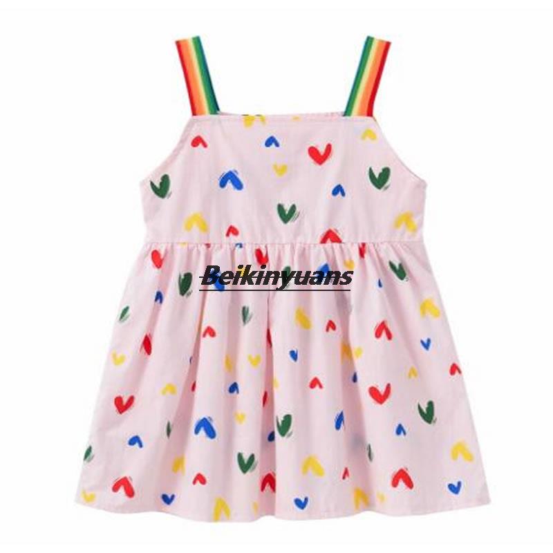 New girls&#39; dresses, new girls&#39; cute rainbow shoulder straps, suspenders, children&#39;s love princess dresses in summer: Pink hearts / 80CM