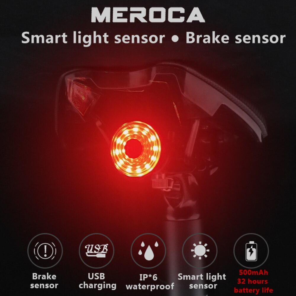 Meroca Smart Fiets Achterlicht Auto Start/Stop Brake Sensing Waterdichte Usb Oplaadbare Fietsen Achterlicht Led Fiets Lantaarn