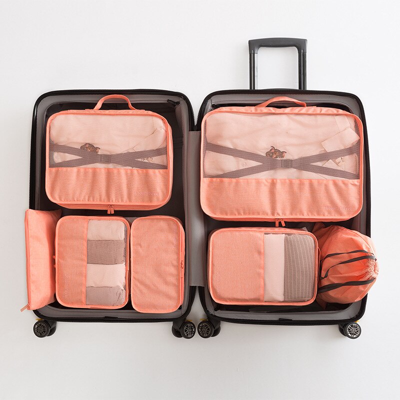 7 teile/satz Reise Organizer Würfel Kompression Beutel Wasserdicht Gittergewebe Langlebig Gepäck Veranstalter Verpackung Würfel Mit Schuh machen-hoch Tasche: Orange