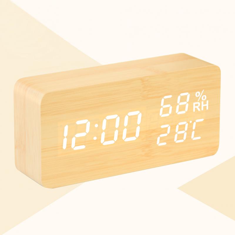 LED Wooden Alarm Clock Desktop Watch Voice Control Temperature Humidity Living Room Display Desk Alarm Clocks Home Decor