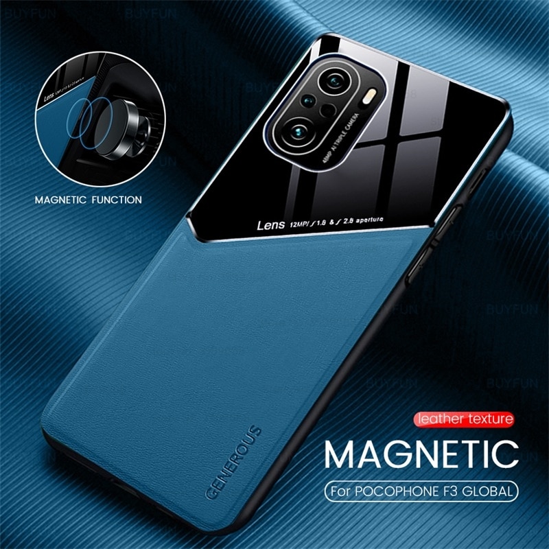 F3poco étui en cuir de texture de support magnétique de voiture couvre pour pocophone peu poco f3 f 3 5g pocof3 cadre en silicone antichoc coque