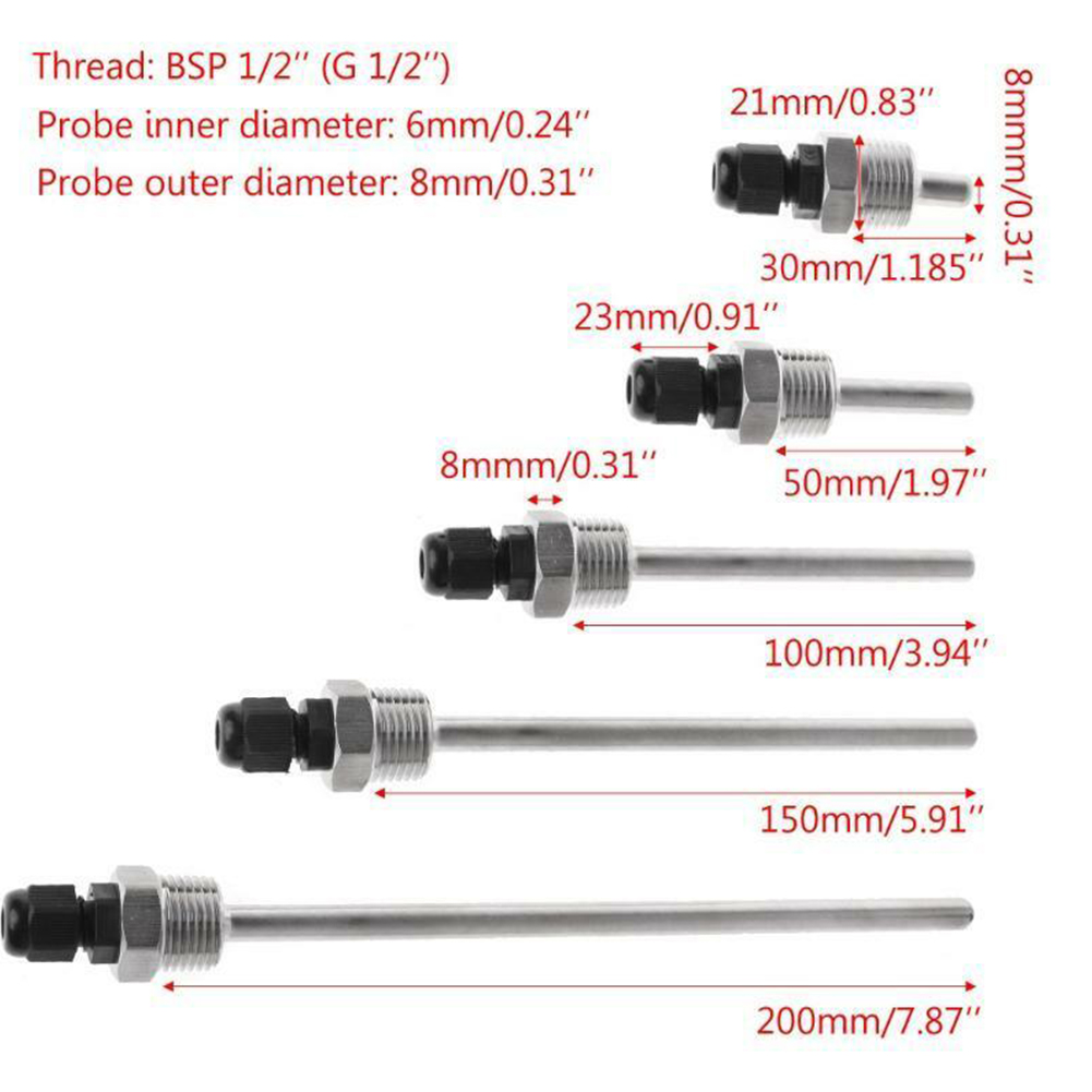 Pozzetto termometrico da 30-200 mm in acciaio inossidabile 304 con filettatura 1/2 G OD6mm Tasca per manicotto ad immersione per sensore di temperatura