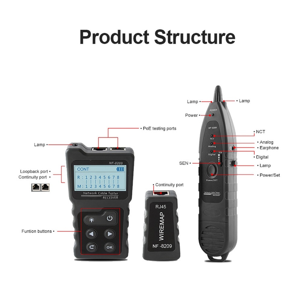 NF-8209 LCD Display Measure Length Lan Cable POE Wire Checker Cat5 Cat6 Lan Test Network Tool Scan Cable Wiremap Tester