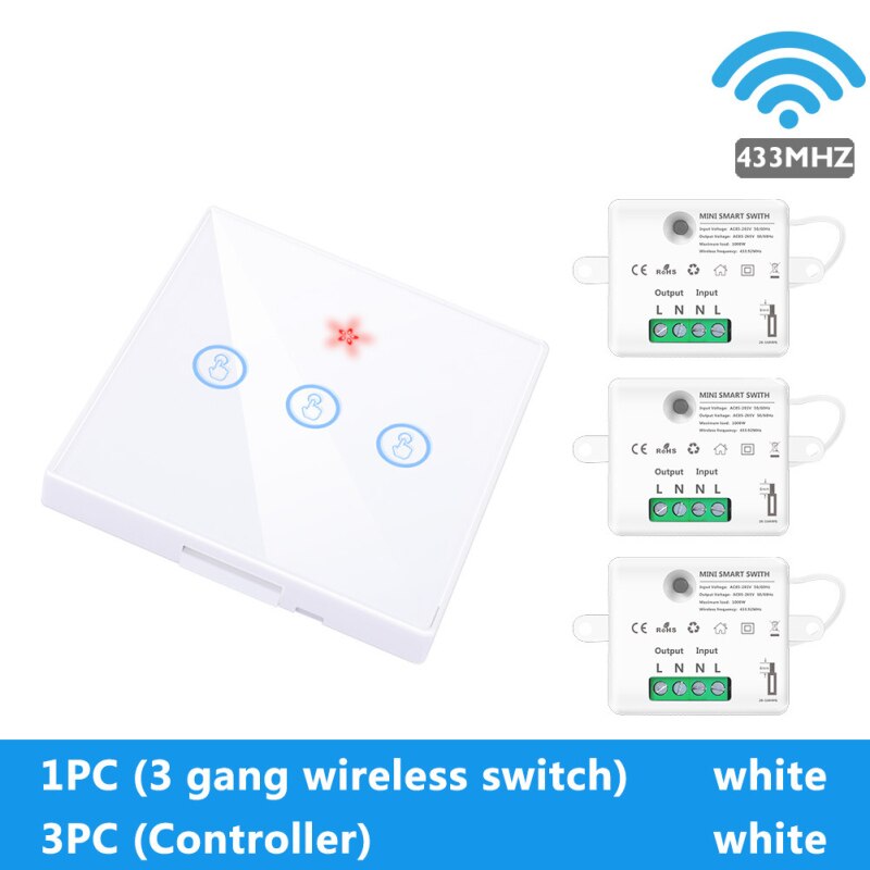 433MHZ Wiring-free Tempered Touch Wireless Switch Free Sticker + Hidden Switch Controller Module Set: 11