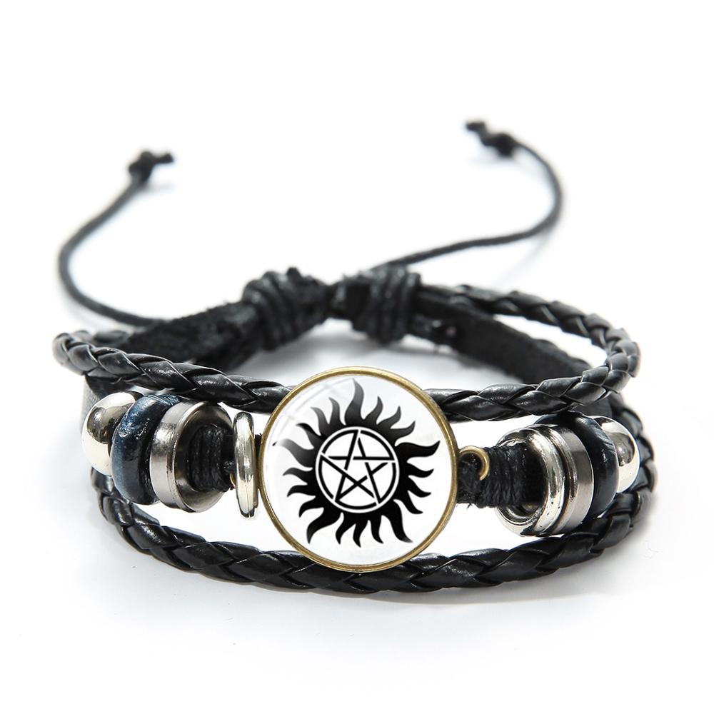 SIAN Supernatural Dean Leather Bracelet Popular TV Supernatural Sam Pentagram Sign Glass Time Gem Adjustable Beaded Bracelet: Style 10