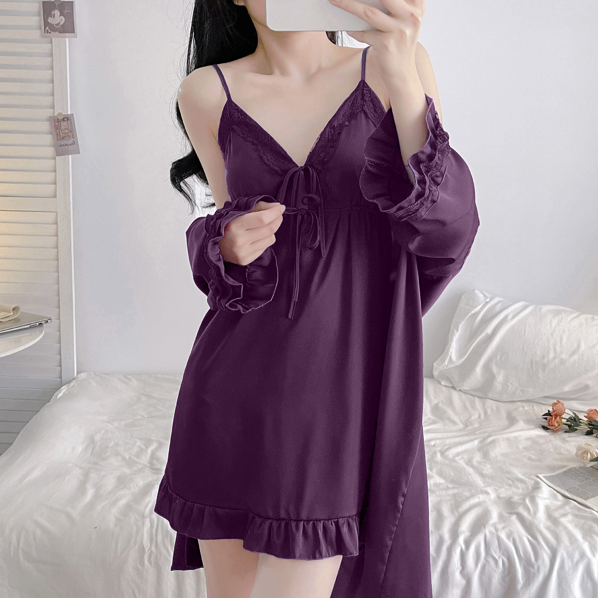 sexy kvinnelig rysjer kimono badekåpe nattkjole bryllup nattøy og morgenkåpe sett sommer nattøy uformelt sateng hjemmeklær: Xl / måke