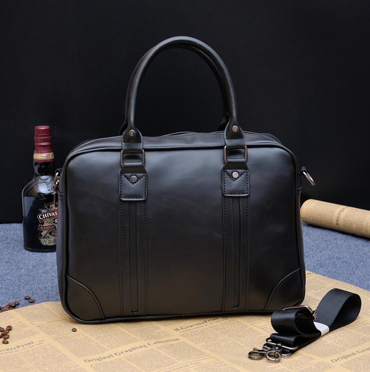 Men's business PU leather handbag briefcase mean handbag sacoche homme messenger bags laptop tote bag: Black