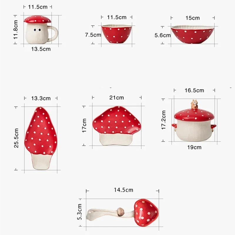 Conjunto completo de utensílios de mesa cogumelo fofo Prato de copo de cerâmica Tigela de sopa Par com colher copo de leite Louça infantil Utensílios para cozinha