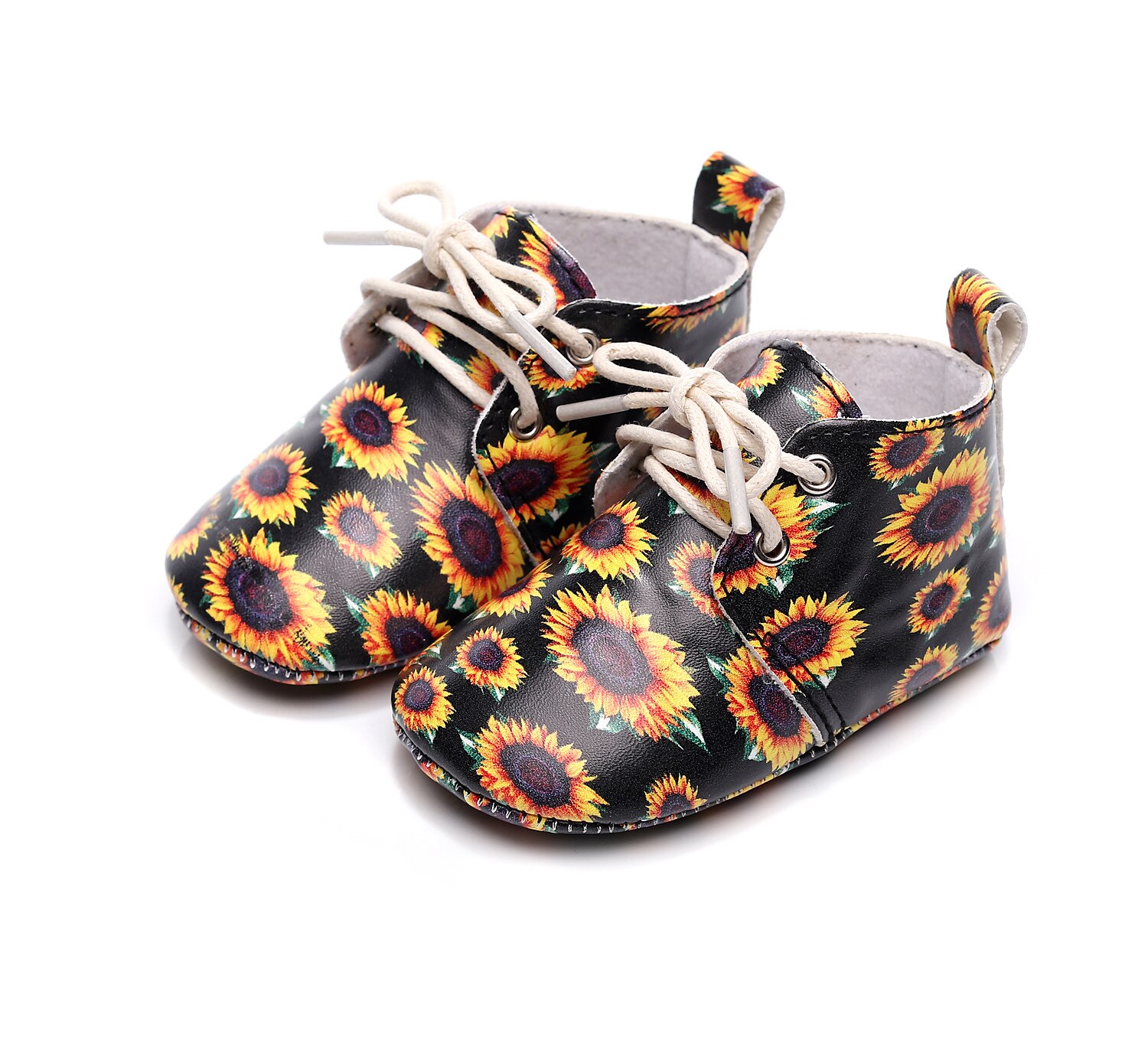 Baby læder sko efterår drenge piger sneakers snøre solsikke print pu læder krybbe sko spædbarn støvler