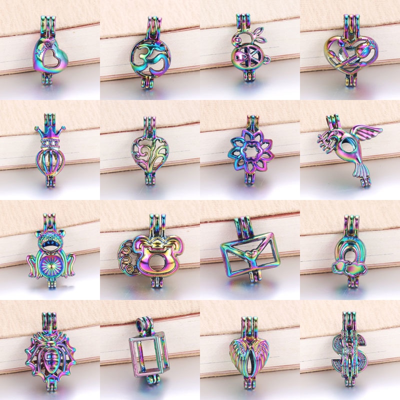 6pcs/lot 16 styles Rainbow Color Pearl Cage Bead Cage Essential Oil Diffuser Locket Pendant DIY Jewelry Making for Oyster Pearl