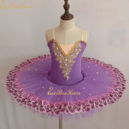 Pink/purple/blue Ballet Dress Girls Tutu Ballet Women Dance Dress Gold Lace Ballerina Diamond Performance Costume: purple / Adult XXL