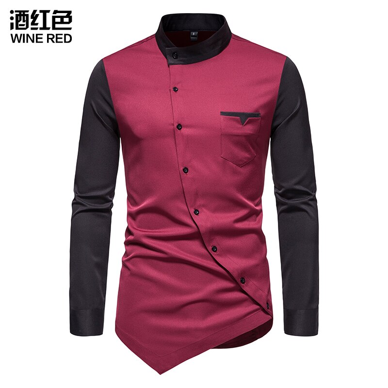 Men Shirt Long Sleeve Personality Diagonal Button Shirts for Men Luxury Irregular Henry Collar Top Grade Tops: XXL / Blue