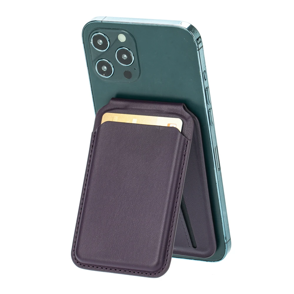 Magnetischer, zusammenklappbarer Brieftaschen-Kartenhalter, Leder-Telefonständer für Magsafe IPhone 14 13 15 Profi Max 16, Macsafe-Unterstützung, Telefonhalterung: Lila