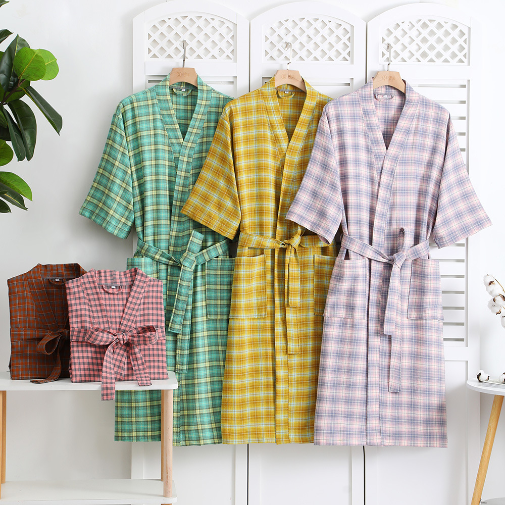 Albornoz de gasa de una sola capa de algodón con a cuadros para parejas, batas finas absorbentes para primavera y verano, ropa de casa Yukata, batas de Hotel