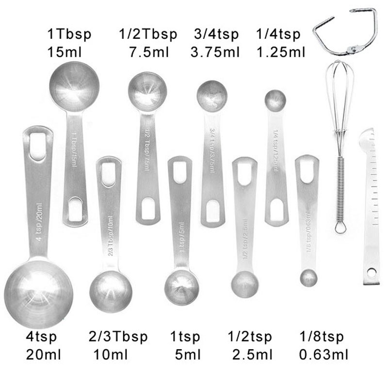 Cucharas de medición de acero inoxidable para líquidos secos, herramientas para 304, 1/16, 1/8, 1/4, 1/3, 1/2, 1, 3/4, bsp, se adapta a tarros de especias, 9 Uds., 11 Uds.