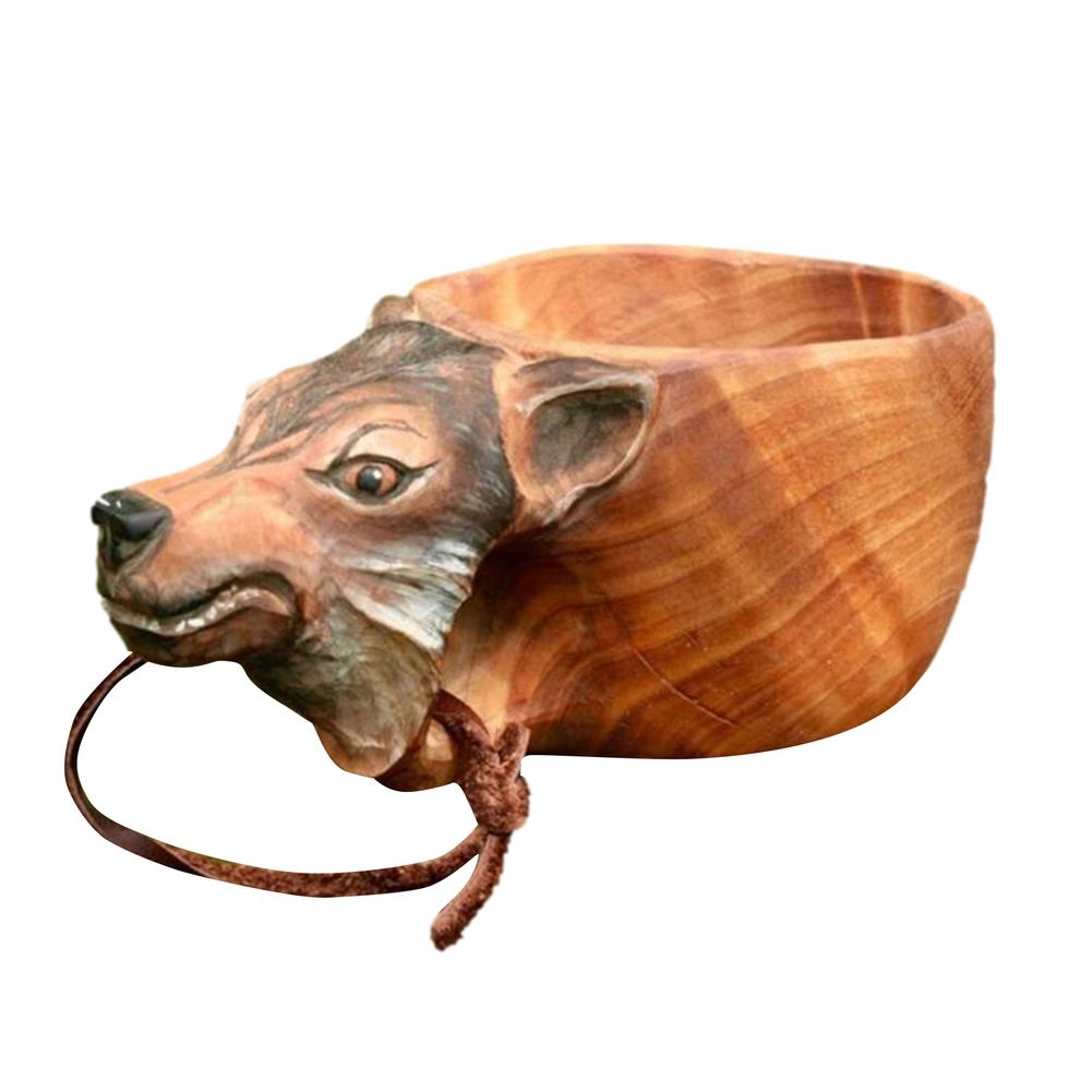 Holz Becher Hand Geschnitzte Ebene Kopf Tasse Fuchs Wolf Wildschwein Ebene Kopf Griff Wasser Tasse Tragbare Camping Kaffee Tassen mit Schlüsselband: Blau