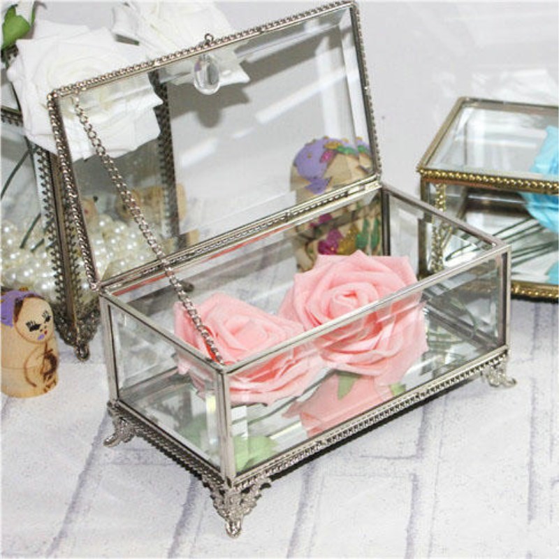 Retro europese sieraden display glazen doos super exquise schattige platina kant vintage sieraden opbergdoos