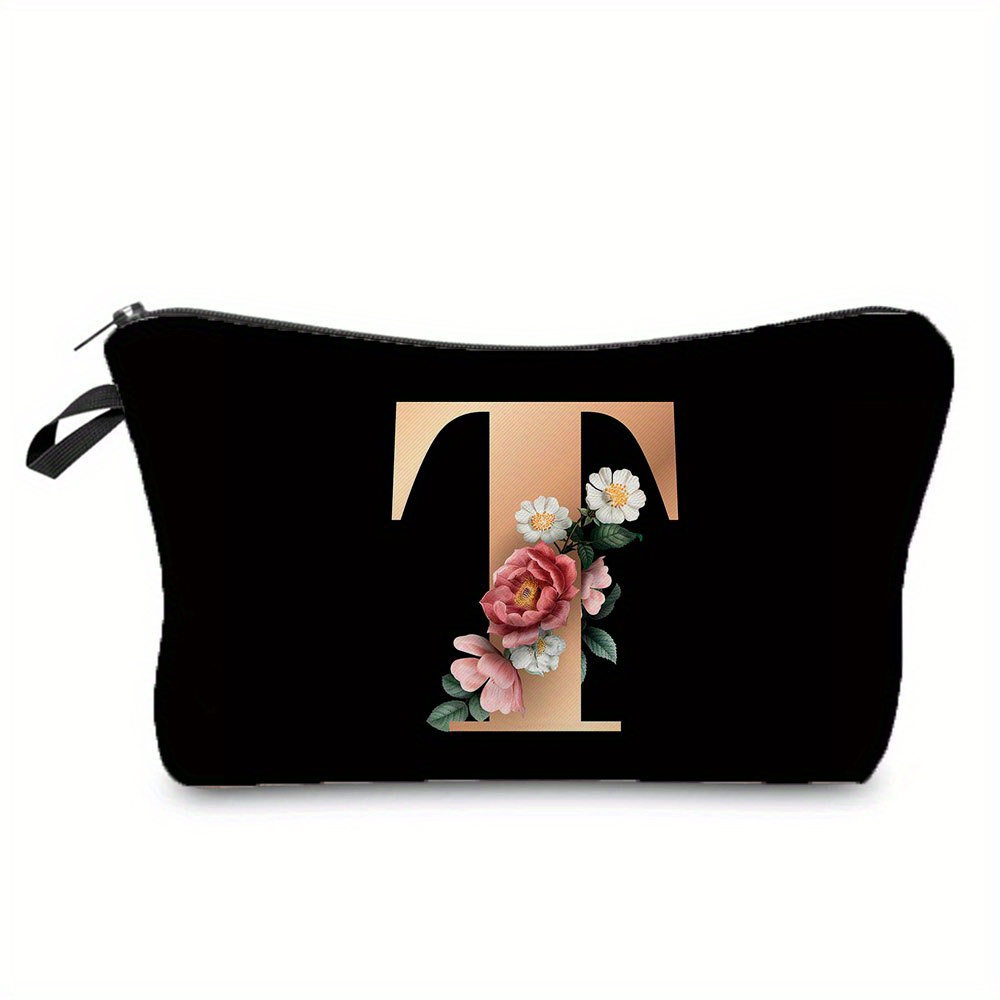 Flower & Letter Print Cosmetic Bag, Zipper Portable Makeup Pouch, Lightweight Coin Purse toiletry bag cajas organizadoras: Lavender