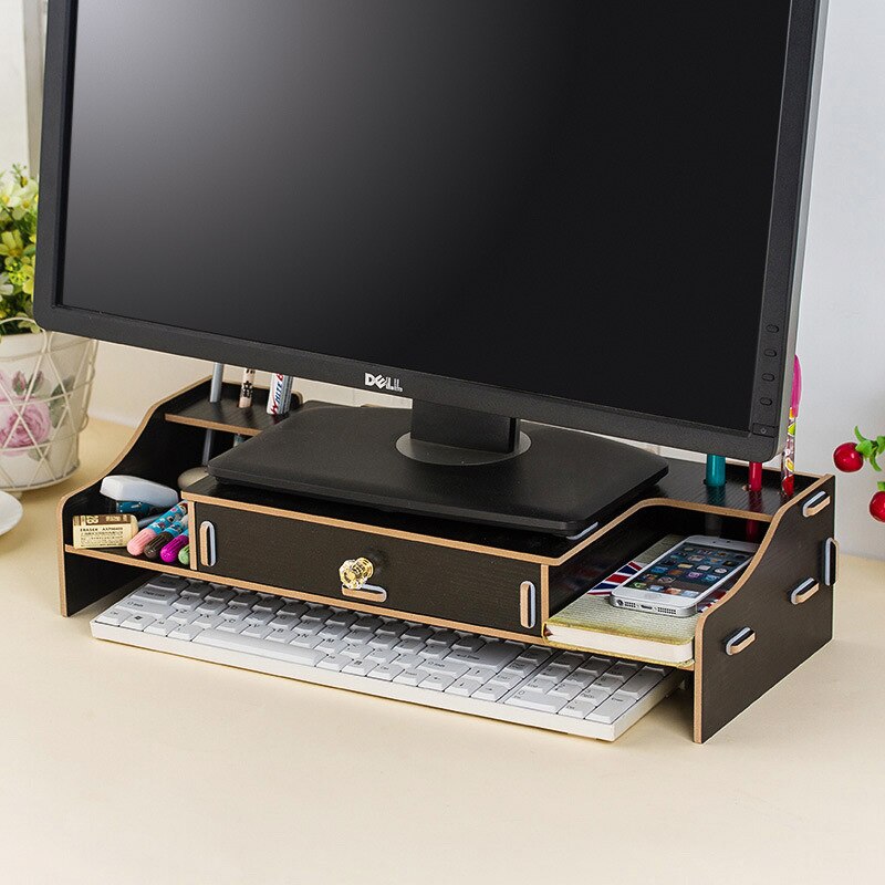 Montaje de Monitor de ordenador elevador de madera DIY soportes para ordenador portátil estante de almacenamiento de pantalla de oficina organizador de teclado escritorio soporte para portátil: Black