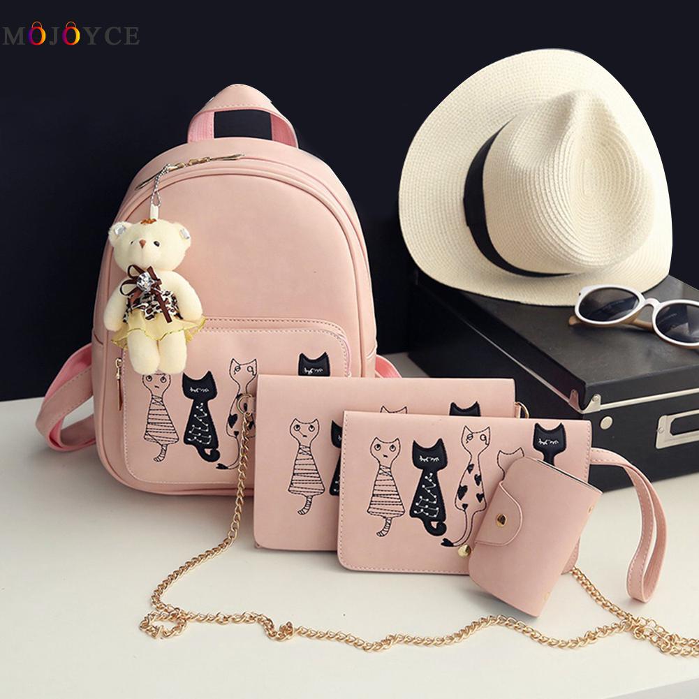 4Pcs/Set Small Backpacks female School Bags For Teenage Girls Black Pink PU Leather Women Backpack Shoulder Bag Purse Mochila