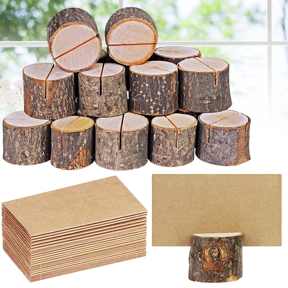 20sets Memo Stand Natural Wooden Bark Wood Pile Nontoxic Simple Photo Holders Decor Clamp Memo Stand With 20 Paper Cards