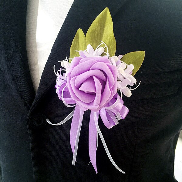 Roze/Wit/Blauw/Paars Bruiloft Bloemen Bruidsmeisje Pols Bloem Bruids Corsages met kant Lint Beste Mannen Boutonniere ZHF01: Purple Boutonniere