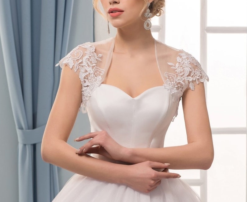 bolero da sposa in pizzo bianco con maniche ad aletta, applicazioni, coprispalle da sposa, mantelle estive da donna per abiti da festa, stola Mariage
