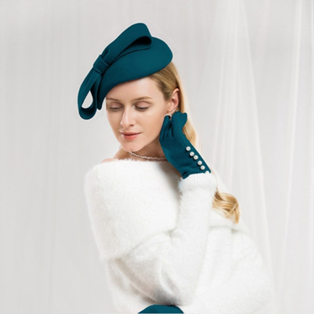 FS Lã Fascinator Pillbox Chapéu de Casamento Das Mulheres Elegantes Chapéus de Inverno Preto Azul Vermelho Senhora Bowknot Kentucky Derby Sentiu Fedoras Caput: Blue Derby Hat