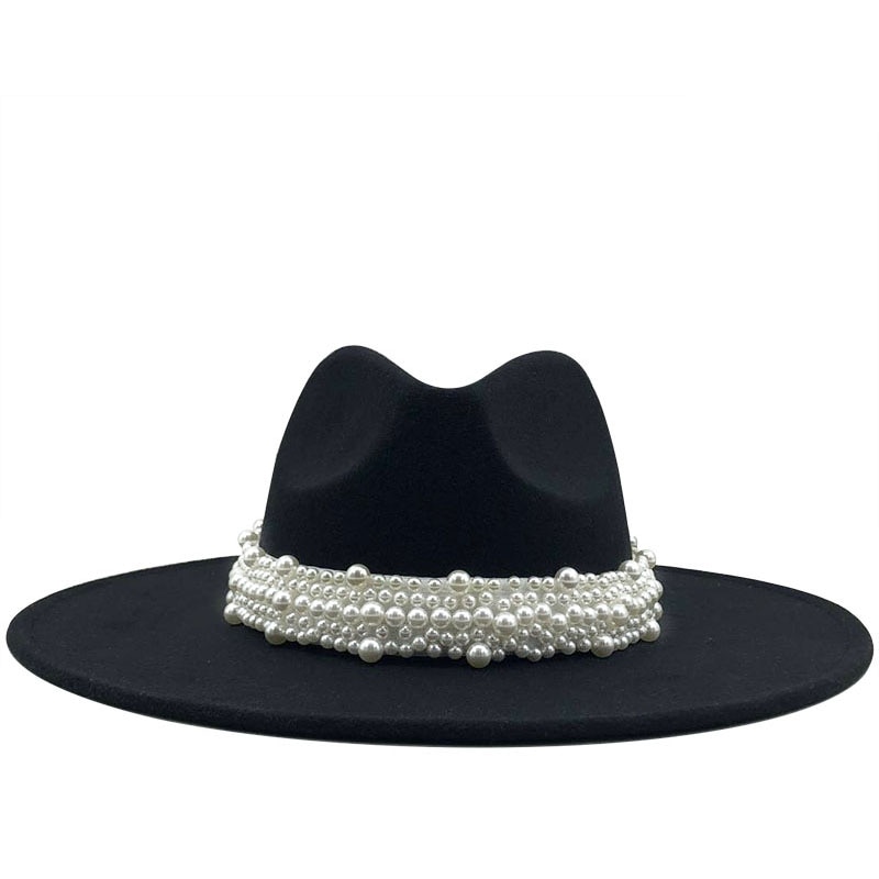 Chapéu feminino chapéu feminino pérola jazz igreja padrinho sombrero boné chapéu chapéu de feltro hawkins chapéu de feltro aba larga: black