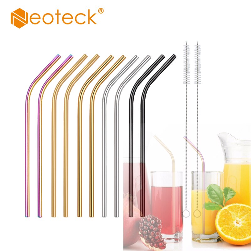 Neoteck-pajitas de Metal de acero inoxidable para bebidas, reutilizables y limpiadoras, surtido de pajitas dobladas con cepillos para fiestas, 10 Uds.
