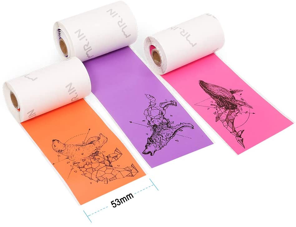 Papel adhesivo térmico de colores M02/M02S Mini impresora, Personaje negro en Purple/rosa/naranja, 50mm x 3,5 m, diámetro 30mm, 3 rollos