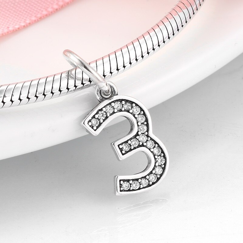 925 sterlingsølv digitalt lykkenummer 0 to 9 charme perler til smykker, der passer til originale armbånd sølvsmykker: Pd0090-3