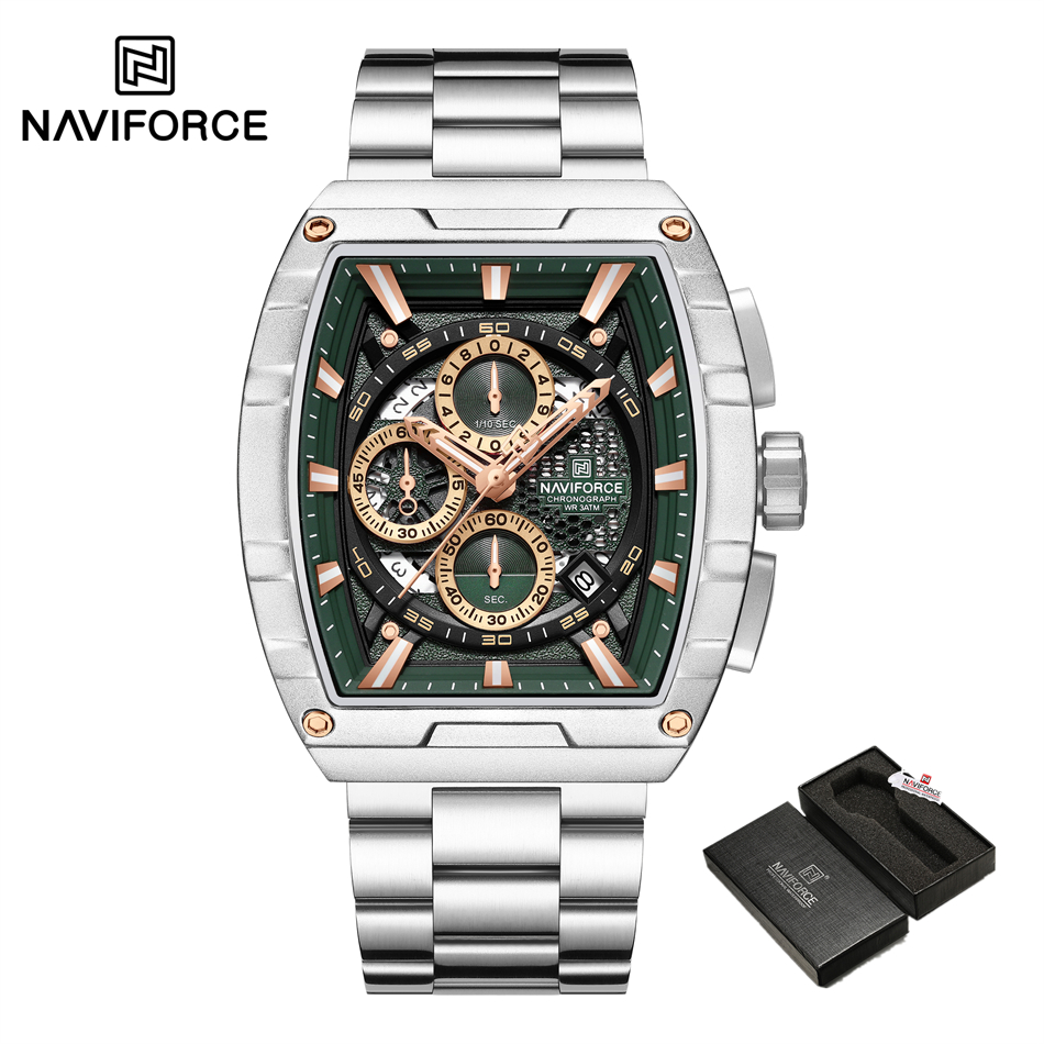 NAVIFORCE zegarek kwarcowy dla mężczyzn moda wodoodporny świecący chronograf zegarek Auto data pasek ze stali nierdzewnej zegar prezent: Niebieski