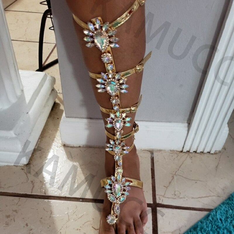 Sommer Wohnungen Sandale Gladiator Gold Strass Kniehohe Schnalle Frau Stiefel Kristall Strand Schuhe Plus größe 43