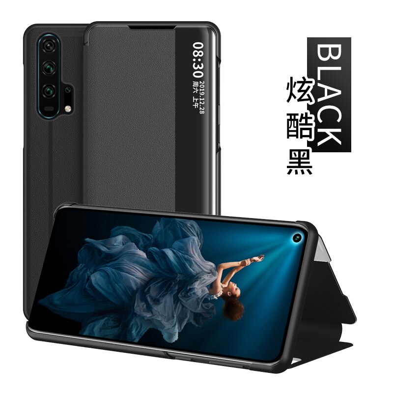 View Smart Flip Case For Huawei Nova 5T Nova5T 5 T YAL-L21 YAL L21 fundas Luxury original Magnetic Holder Leather on Phone Cover: Black